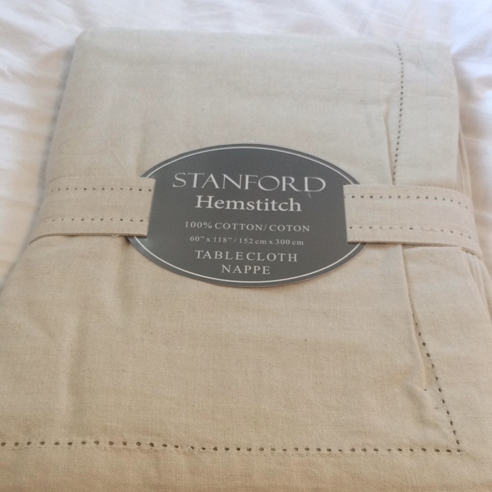New 100% Cotton tan hemstitch table cloth 60”x118”